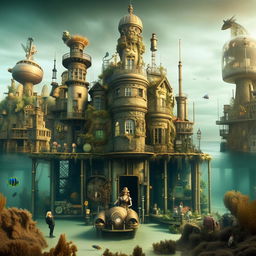 A fully submerged, lost city merging Barbie and Steampunk aesthetics with authoritarian architecture. Dominating the seascape is a monumental statue of Donald Trump. The city is surrounded by aquatic life, with doll-like citizens and steam vehicles moving in the water-filled streets.