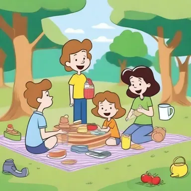 The characters in the cartoon enjoyed a mild and pleasant picnic in the park.