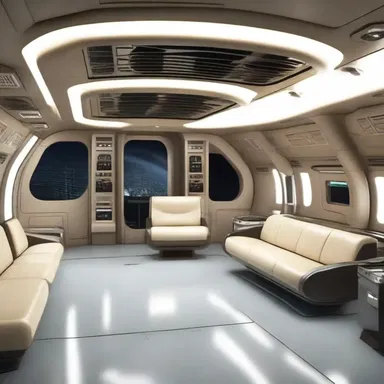The spaceship's interior was designed with a mild and pleasant lighting, creating a calm atmosphere for the crew.