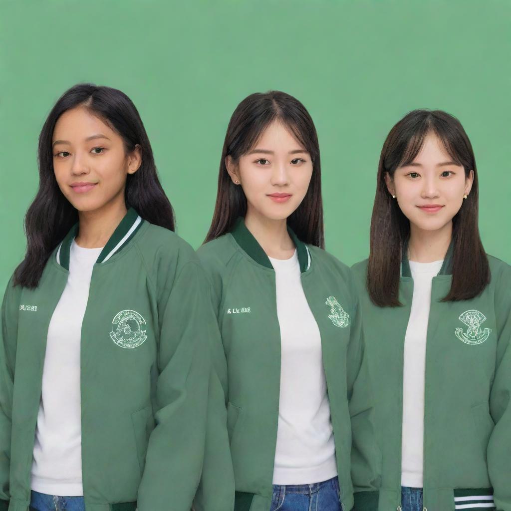 Anime-style illustration of four students wearing sage green alma mater jackets