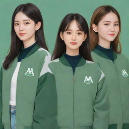 Anime-style illustration of four students wearing sage green alma mater jackets