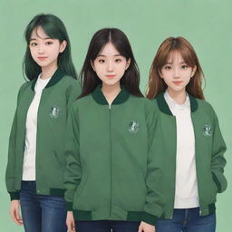 Anime-style illustration of four students wearing sage green alma mater jackets