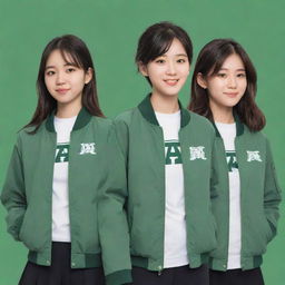 Anime-style illustration of four students wearing sage green alma mater jackets