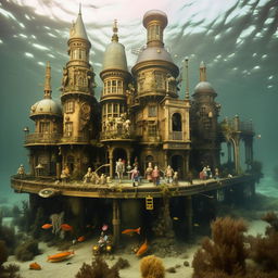 A fully submerged, lost city merging Barbie and Steampunk aesthetics with authoritarian architecture. Dominating the seascape is a monumental statue of Donald Trump. The city is surrounded by aquatic life, with doll-like citizens and steam vehicles moving in the water-filled streets.