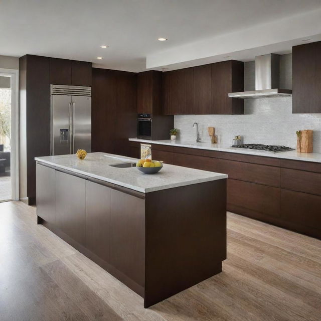 A modern kitchen showcasing sleek, clean-lined cabinets. The cabinets are made from high-quality wood, finished in a rich dark stain. Stainless steel handles complement the color of the wood, giving the kitchen an elegant and contemporary feel