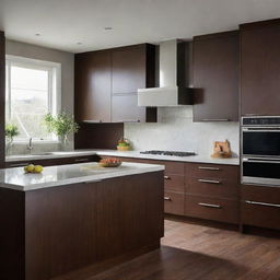 A modern kitchen showcasing sleek, clean-lined cabinets. The cabinets are made from high-quality wood, finished in a rich dark stain. Stainless steel handles complement the color of the wood, giving the kitchen an elegant and contemporary feel