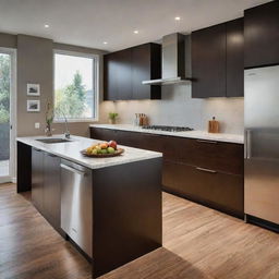 A modern kitchen showcasing sleek, clean-lined cabinets. The cabinets are made from high-quality wood, finished in a rich dark stain. Stainless steel handles complement the color of the wood, giving the kitchen an elegant and contemporary feel