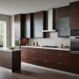 A modern kitchen showcasing sleek, clean-lined cabinets. The cabinets are made from high-quality wood, finished in a rich dark stain. Stainless steel handles complement the color of the wood, giving the kitchen an elegant and contemporary feel