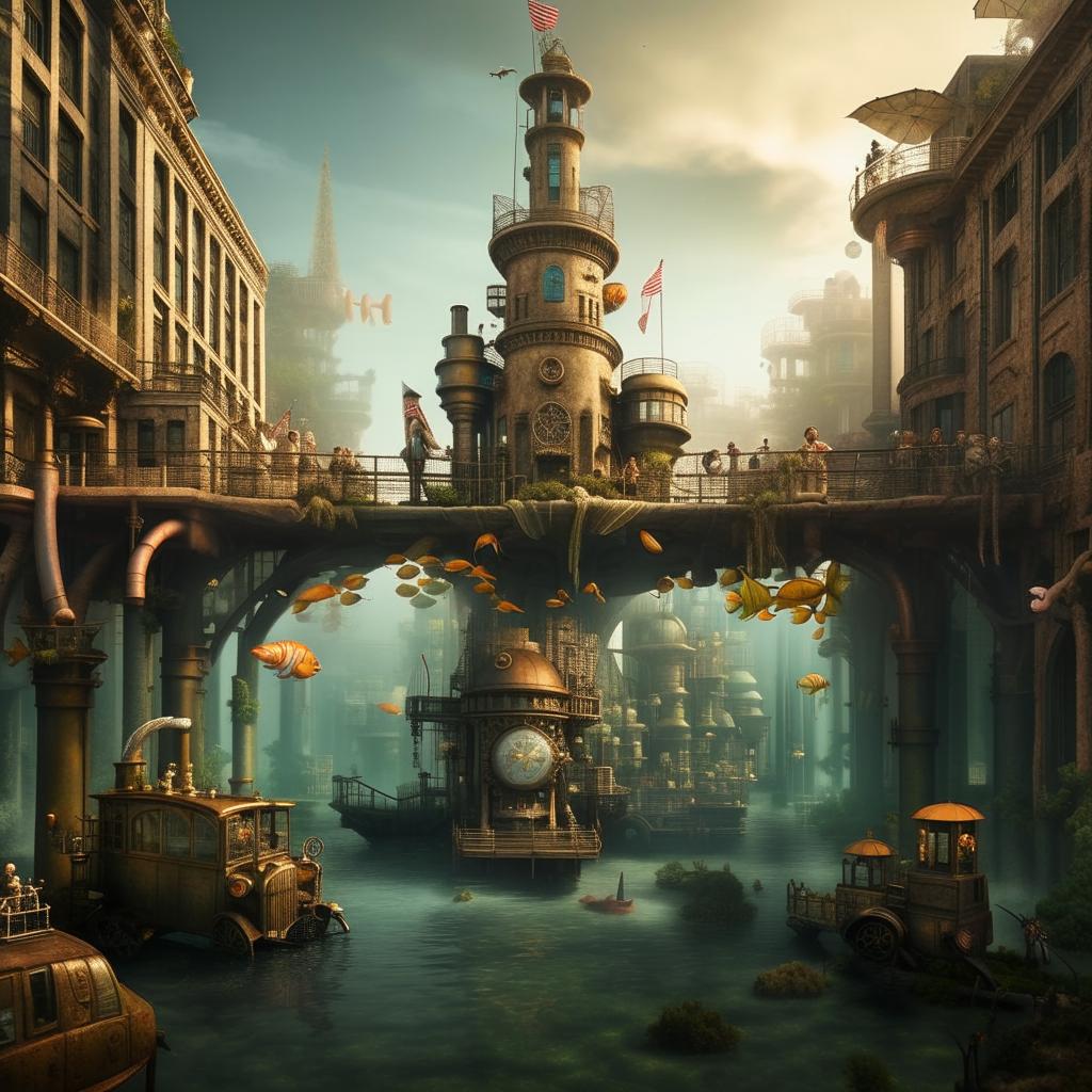 A fully submerged, lost city merging Barbie and Steampunk aesthetics with authoritarian architecture. Dominating the seascape is a monumental statue of Donald Trump. The city is surrounded by aquatic life, with doll-like citizens and steam vehicles moving in the water-filled streets.