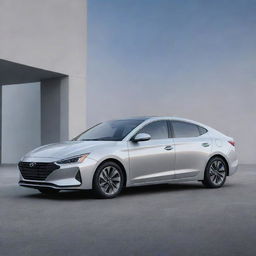 Generate a sleek and modern image of a Hyundai Elantra 2024 in silver, detailing its aerodynamic design and distinctive features.