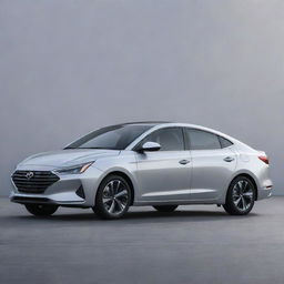 Generate a sleek and modern image of a Hyundai Elantra 2024 in silver, detailing its aerodynamic design and distinctive features.