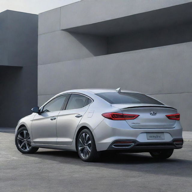 Generate a sleek and modern image of a Hyundai Elantra 2024 in silver, detailing its aerodynamic design and distinctive features.