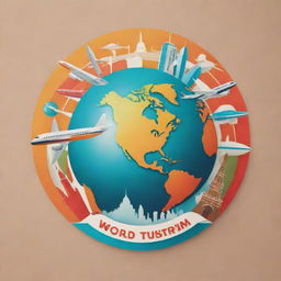 A vibrant logo celebrating World Tourism Day, featuring iconic global landmarks, an airplane, and earth tones to signify unity and travel