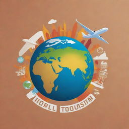 A vibrant logo celebrating World Tourism Day, featuring iconic global landmarks, an airplane, and earth tones to signify unity and travel