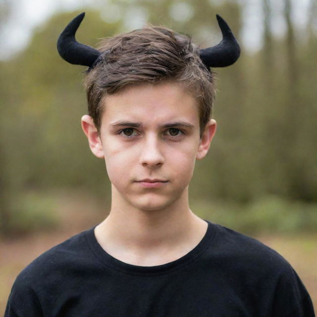 A handsome teenage boy with black wings and horns on his head