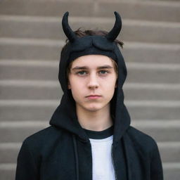 A handsome teenage boy with black wings and horns on his head