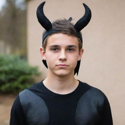 A handsome teenage boy with black wings and horns on his head