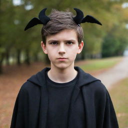 A handsome teenage boy with black wings and horns on his head