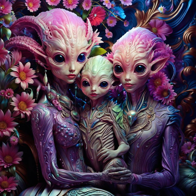 Hyper-realistic 3D Rococo-style alien family with intelligent eyes amidst vibrant colours and flowers, exuding fantasy vibes.