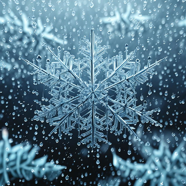 Editorial CGI art featuring an ultra close-up of a symmetrically intricate snowflake during a snowy day.