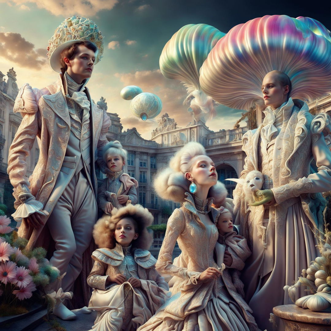 Hyper-realistic 3D image of Rococo-styled aliens invading Earth, with a beautifully dressed family observing in awe.