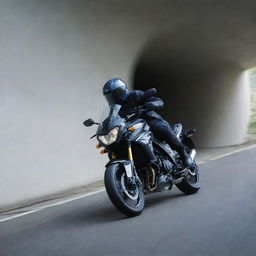 A Suzuki FZS Bike speeding through a tunnel, capturing motion and the play of light on its metallic surface