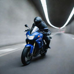 A Suzuki FZS Bike speeding through a tunnel, capturing motion and the play of light on its metallic surface