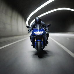 A Suzuki FZS Bike speeding through a tunnel, capturing motion and the play of light on its metallic surface