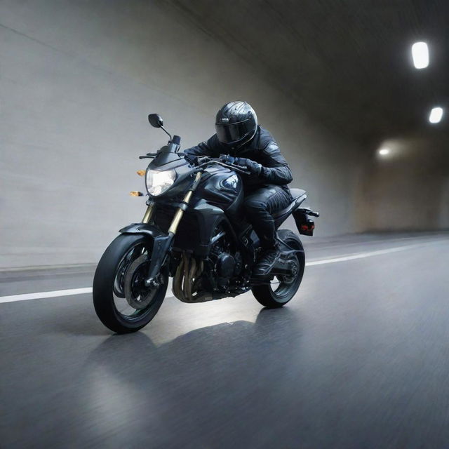 A Suzuki FZS Bike speeding through a tunnel, capturing motion and the play of light on its metallic surface