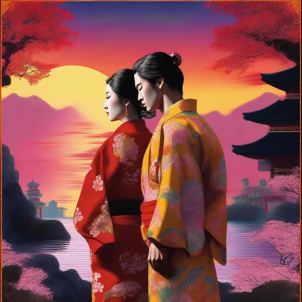 This is a revised high-resolution digital art image, now featuring more gueixas in their vibrant kimonos, adding an additional layer of elegance and mystery to the scene