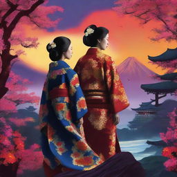 This is a revised high-resolution digital art image, now featuring more gueixas in their vibrant kimonos, adding an additional layer of elegance and mystery to the scene