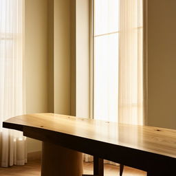 A minimalist wooden table centered in a room with elegant, restrained decor and soft, natural light filtering through a window.