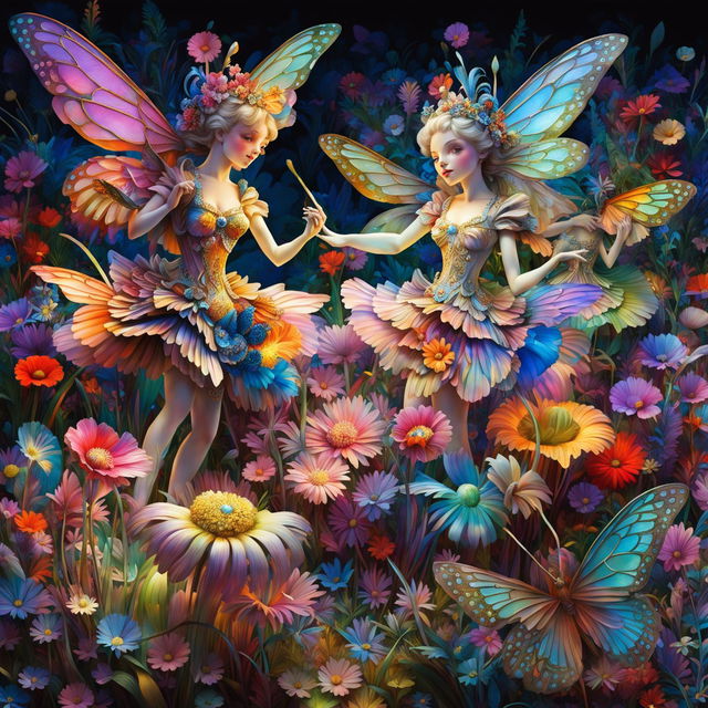 Hyper-realistic 3D Rococo fairies joyfully playing in a vibrant wildflower field under dusk lighting.