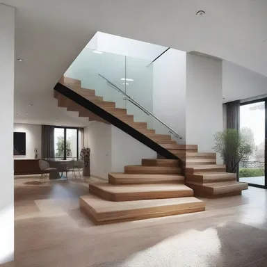 The modern staircase will intervene between the living room and the bedroom in the house design.