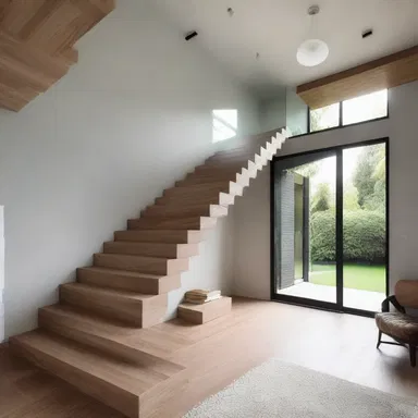 The modern staircase will intervene between the living room and the bedroom in the house design.