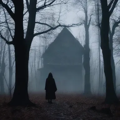 In the dark, gloomy woods, a mysterious figure suddenly intervenes when the unsuspecting victim is about to enter a haunted house.