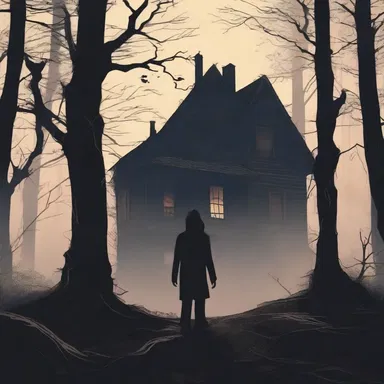 In the dark, gloomy woods, a mysterious figure suddenly intervenes when the unsuspecting victim is about to enter a haunted house.
