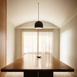 A minimalist wooden table centered in a room with elegant, restrained decor and soft, natural light filtering through a window.