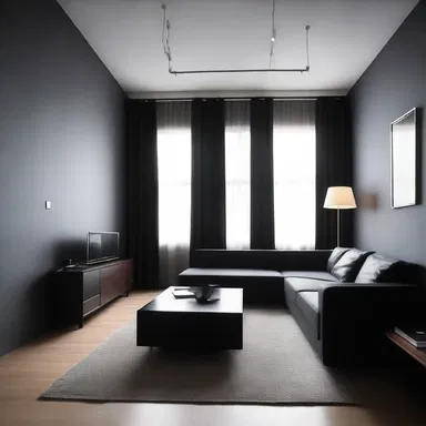 The dismally lit room with its dark tones and minimalistic furniture created a cheerless atmosphere.