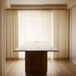 A minimalist wooden table centered in a room with elegant, restrained decor and soft, natural light filtering through a window.