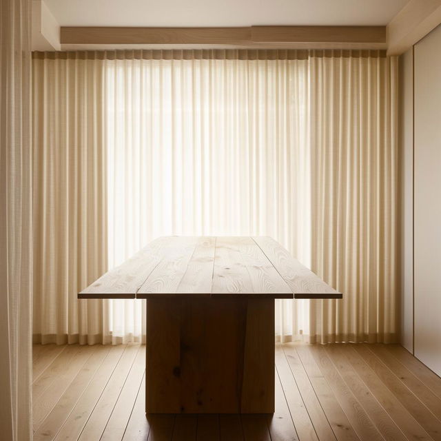 A minimalist wooden table centered in a room with elegant, restrained decor and soft, natural light filtering through a window.