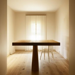 A minimalist wooden table centered in a room with elegant, restrained decor and soft, natural light filtering through a window.