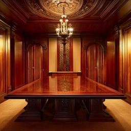 An elegant table crafted from polished mahogany, with intricate detailing, centrally located in a well-appointed room bathed in warm, ambient light.