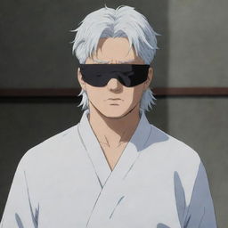 Gojo Satoru, a character from Jujutsu Kaisen, standing confidently with his white hair and blindfold