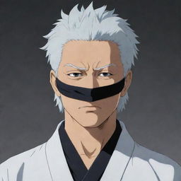 Gojo Satoru, a character from Jujutsu Kaisen, standing confidently with his white hair and blindfold