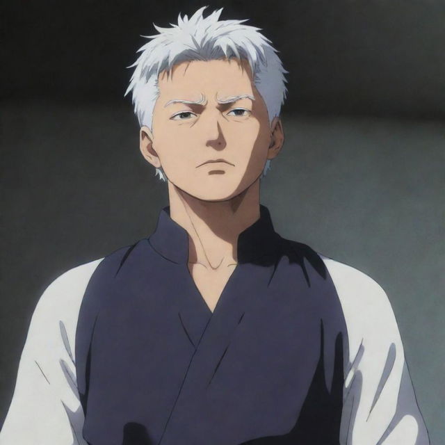 Gojo Satoru, a character from Jujutsu Kaisen, standing confidently with his white hair and blindfold