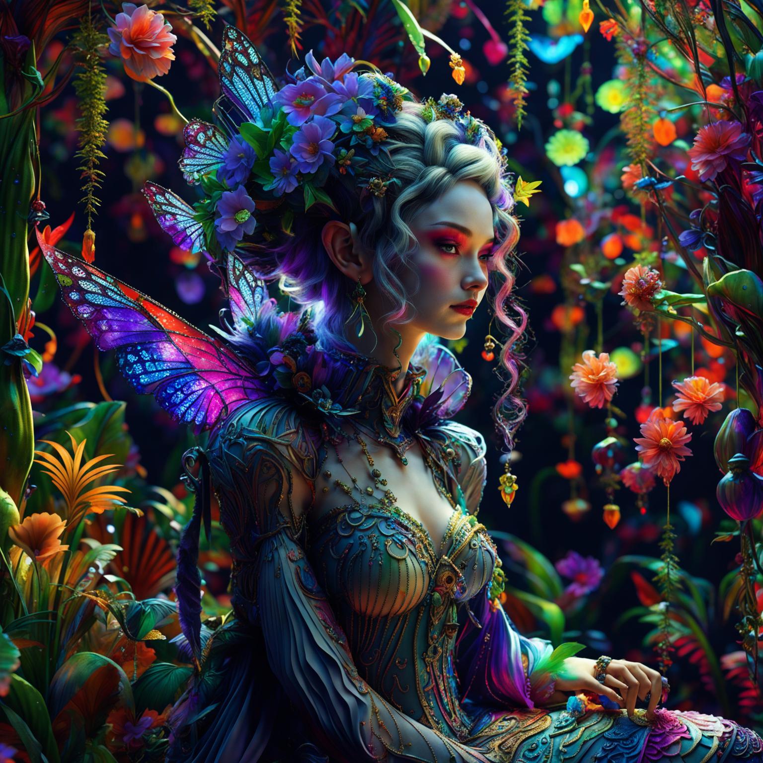 A 3D rococo cyberpunk fairy with elf-like ears in a vibrant, sunlit weeping willow forest filled with fantastical flowers. The image is warm, colourful, and filled with fantasy elements.