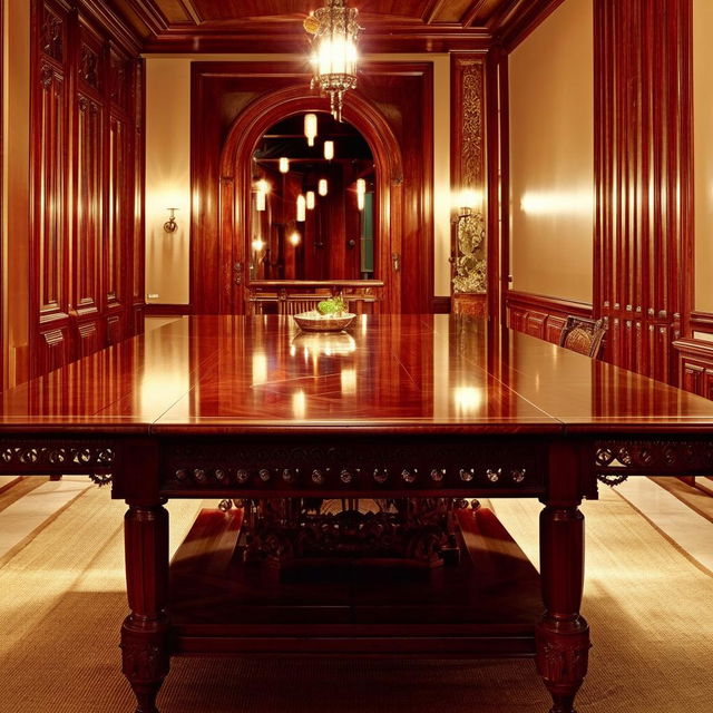 An elegant table crafted from polished mahogany, with intricate detailing, centrally located in a well-appointed room bathed in warm, ambient light.