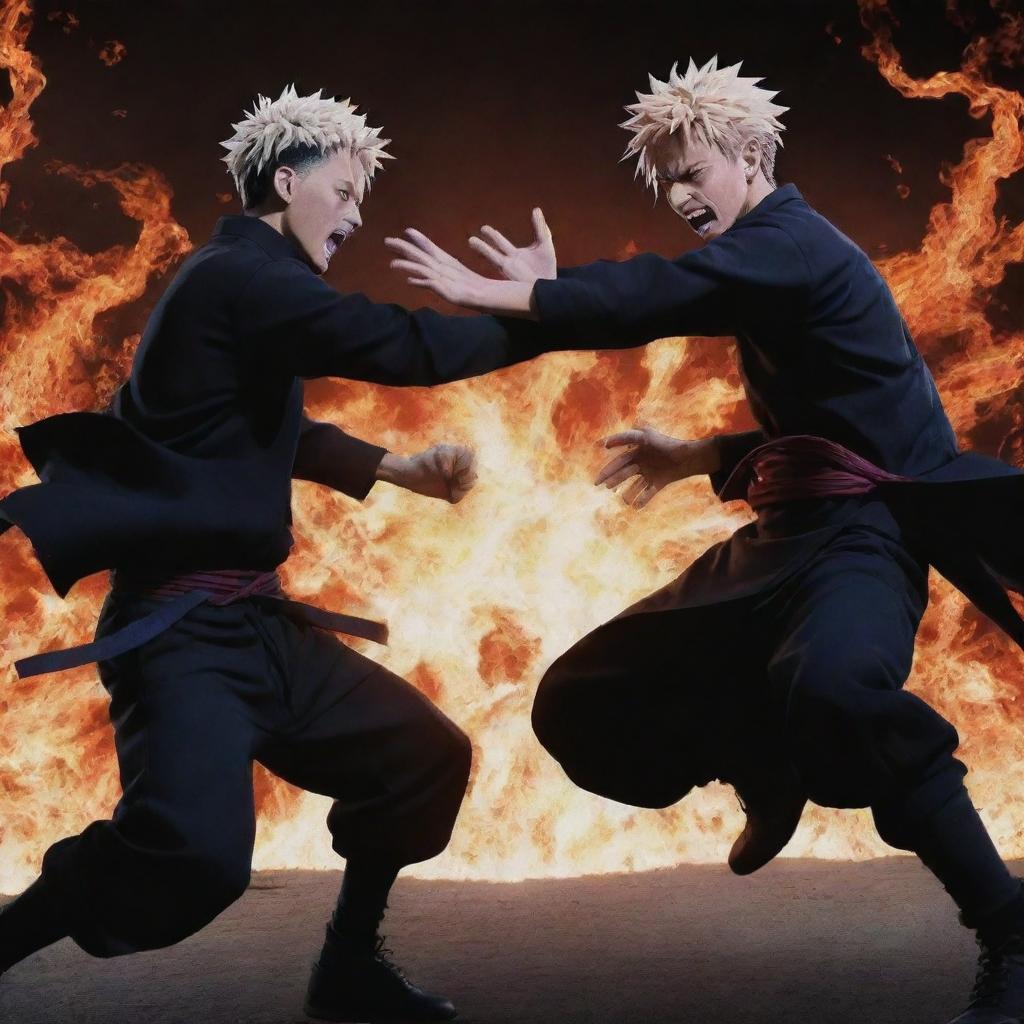 A dramatic fight scene between the characters Gojo and Sukuna from the anime Jujutsu Kaisen. Both are using their unique powers in a heated battle