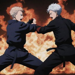 A dramatic fight scene between the characters Gojo and Sukuna from the anime Jujutsu Kaisen. Both are using their unique powers in a heated battle